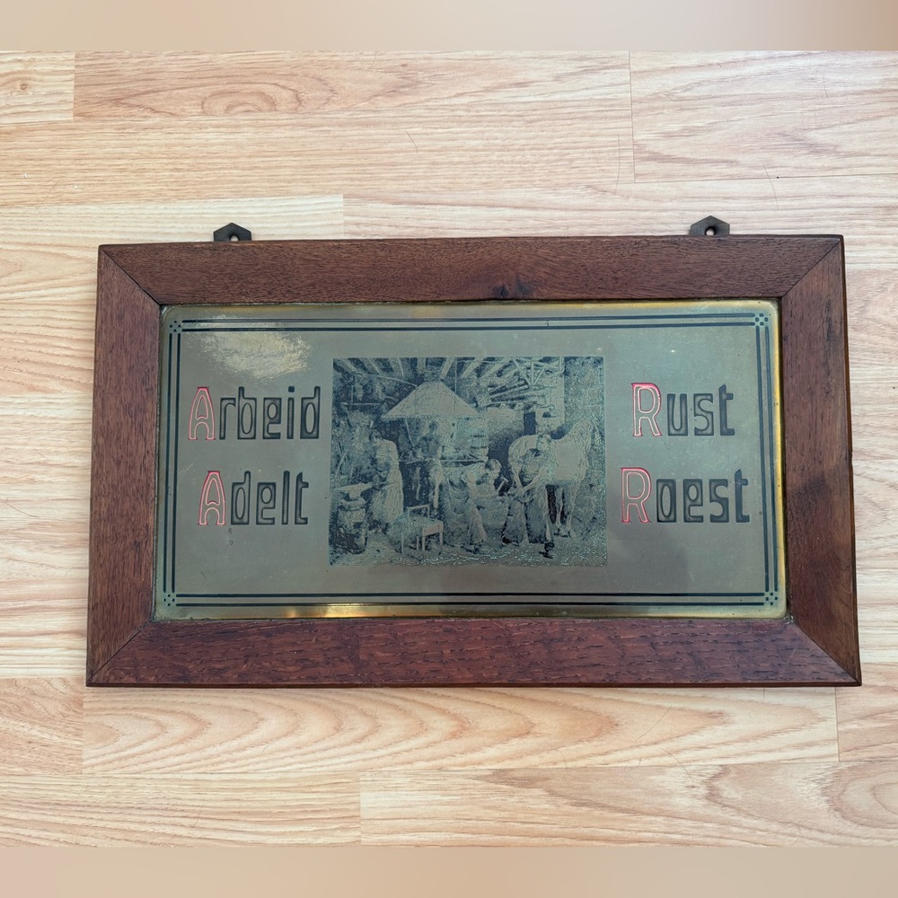 Vintage FramePlaque with Engraving An Old Dutch phrase.Arbeid Adelt Rust Roest